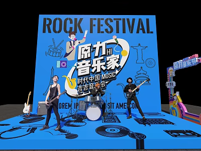 Rock Festival Live Band Performance On Blue Stage With Musical Instruments 3d model