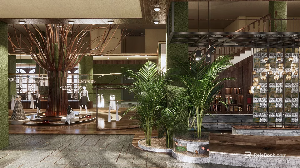 Modern Clothing Store Interior With Display Racks Mannequins And Green Plants 3d model 