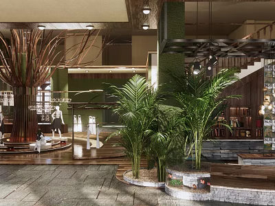 Modern Clothing Store Interior With Display Racks Mannequins And Green Plants 3d model