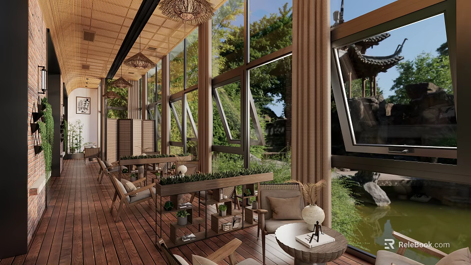 Indoor Lounge Space With Wooden Floors Large Windows And Outdoor Chinese Pavilion View 3d model 