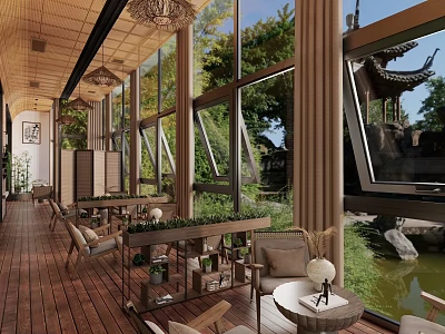 Indoor Lounge Space With Wooden Floors Large Windows And Outdoor Chinese Pavilion View 3d model