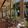 Indoor Lounge Space With Wooden Floors Large Windows And Outdoor Chinese Pavilion View