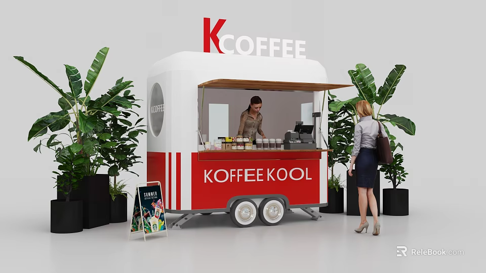 Red And White Mobile Coffee Cart With KCOFFEE KOFFEEKOOL Branding And Green Plants 3d model 