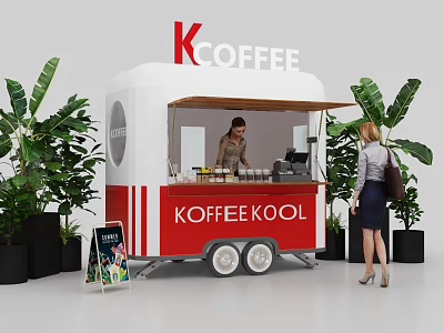 Red And White Mobile Coffee Cart With KCOFFEE KOFFEEKOOL Branding And Green Plants 3d model