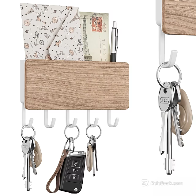 Wooden Wall Hanger with Key Hooks and Pen Holder for Home Notes 3d model 