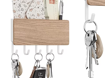 Wooden Wall Hanger with Key Hooks and Pen Holder for Home Notes 3d model