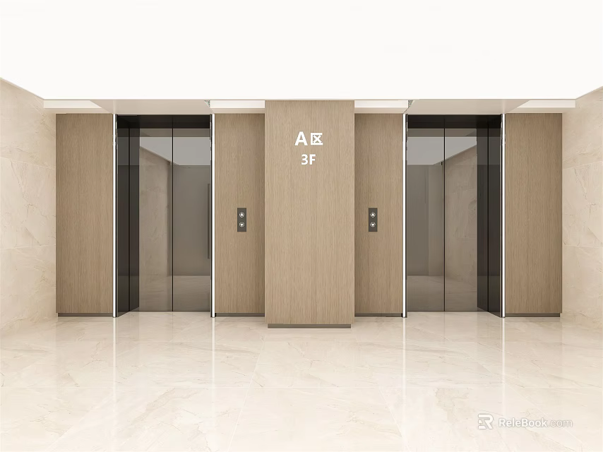 Modern Elevator Lobby Design With Glass Doors Wooden Panels And Polished Floor 3d model 