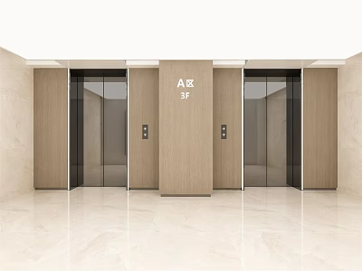 Modern Elevator Lobby Design With Glass Doors Wooden Panels And Polished Floor 3d model