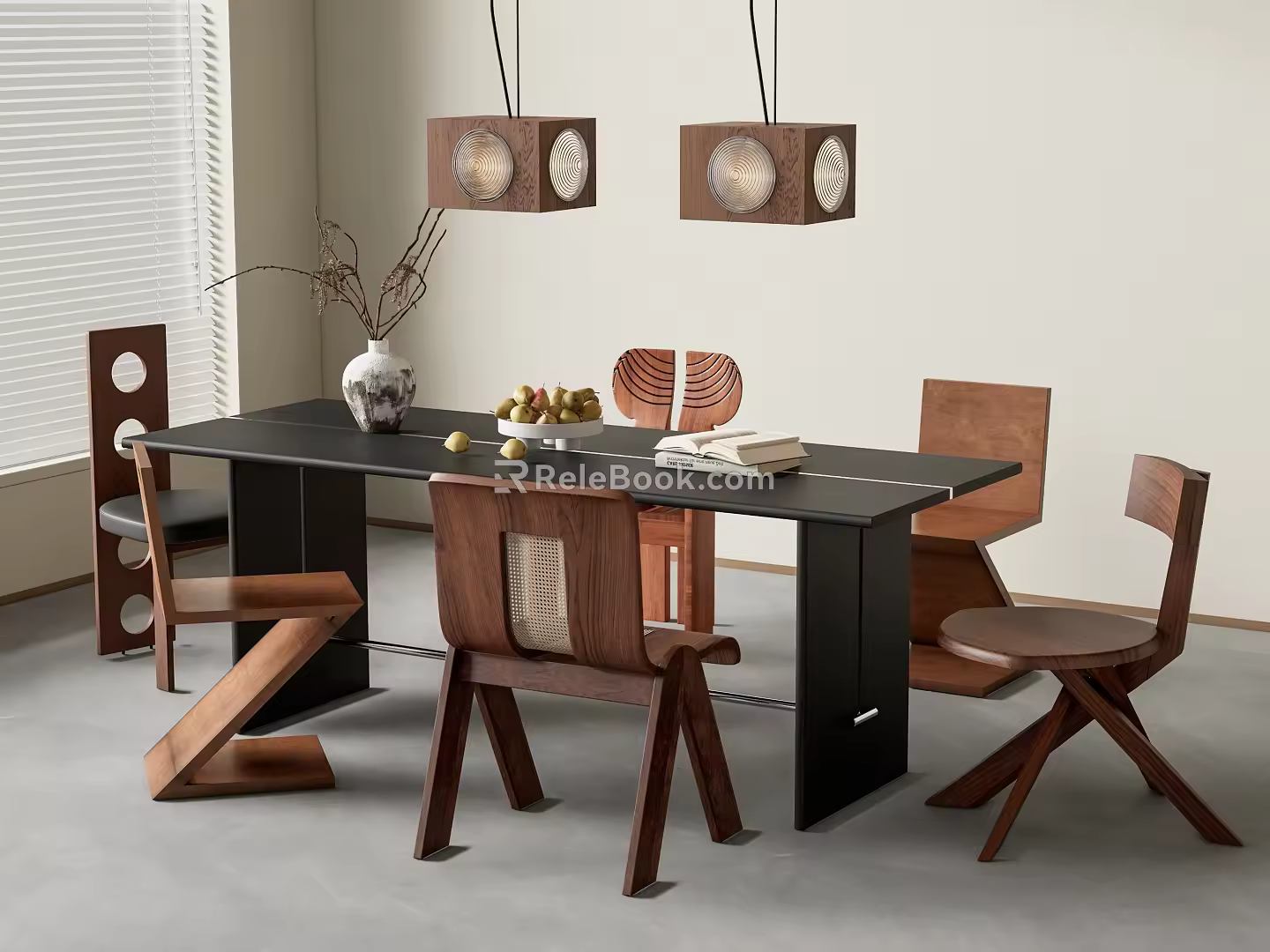 Middle ancient dining table and chair combination chandelier 3d model