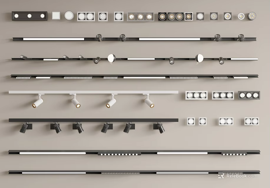 Various Styles of Adjustable LED Downlights and Spotlights with Track Systems for Modern Interiors 3d model 