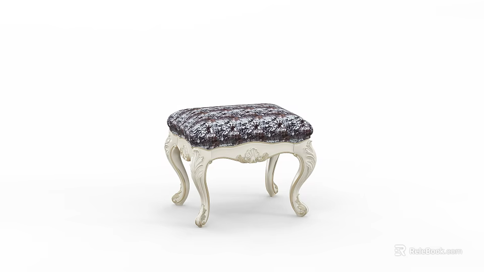 Vintage Ornate Stool Featuring Patterned Cushion And White Carved Legs 3d model