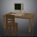 Brown Wooden Desk And Chair Furniture Set With Vintage Computer On Table For Home Office
