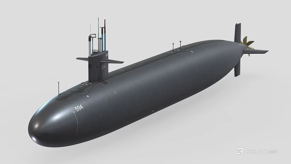 Military Submarine With Black Hull Conning Tower Periscope And Antenna Structures 3d model 