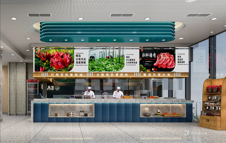Modern Restaurant Interior With Digital Menu Fresh Ingredients Blue Counter And Staff In White Uniforms 3d model 