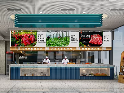 Modern Restaurant Interior With Digital Menu Fresh Ingredients Blue Counter And Staff In White Uniforms 3d model