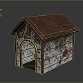 Rusty Metal Dog House With Brown Roof And Red Paw Prints Design