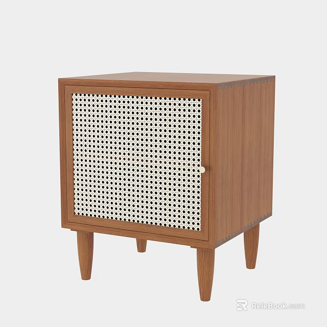 Modern Wooden Nightstand With Woven Door Panel And Tapered Legs 3d model 