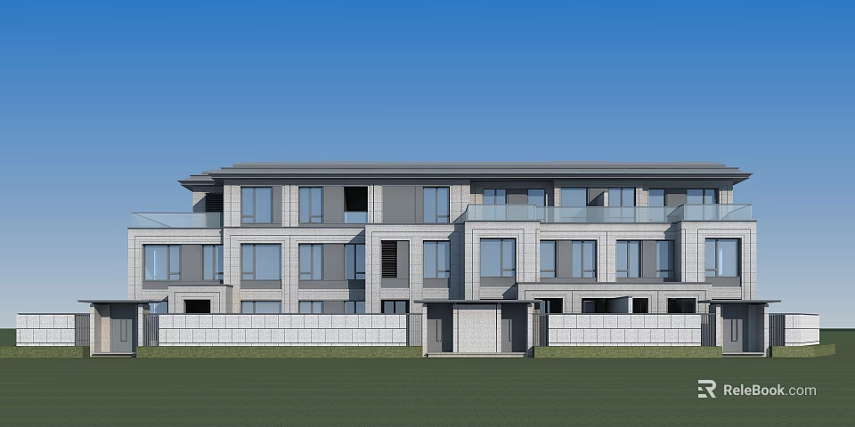 Modern Detached Villa Exterior With Glass Windows Balconies And Green Lawn 3d model 