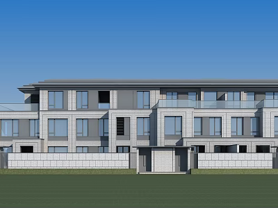 Modern Detached Villa Exterior With Glass Windows Balconies And Green Lawn 3d model