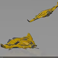 Two Yellow Cosmic Spacecraft Flying In Aerospace With Modern Sleek Design