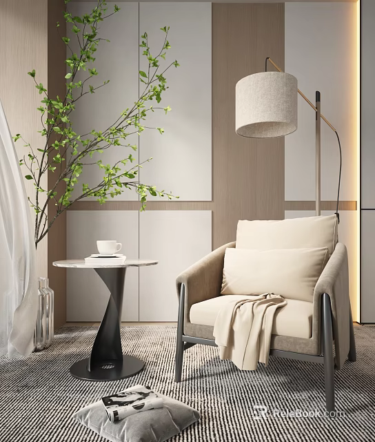 Modern Cozy Armchair With Floor Lamp Small Table And Green Plant Decoration 3d model 