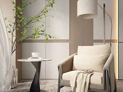 Modern Cozy Armchair With Floor Lamp Small Table And Green Plant Decoration 3d model