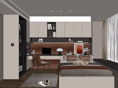 Modern Tatami Bedroom Interior With Desk Chair Window Curtains And Cabinets 3d model