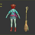Green Haired Cat Ear Game Movie Character With Blue Jacket Plaid Skirt And Broom Prop