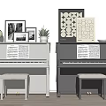 Two White And Black Pianos With Sheet Music Framed Pictures And Geometric Prints