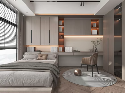 Modern Tatami Bedroom Interior With Bed Desk Chair Bookshelf Blinds And Round Rug 3d model