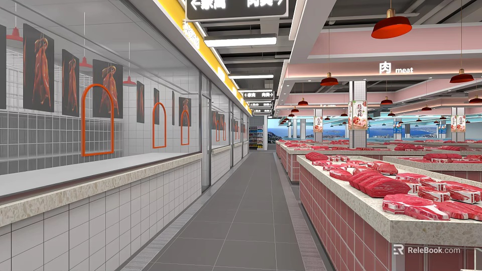 Supermarket Meat Section With Fresh Meat Display Counters White Tile Walls And Red Pendant Lights 3d model 
