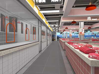 Supermarket Meat Section With Fresh Meat Display Counters White Tile Walls And Red Pendant Lights 3d model