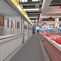 Supermarket Meat Section With Fresh Meat Display Counters White Tile Walls And Red Pendant Lights