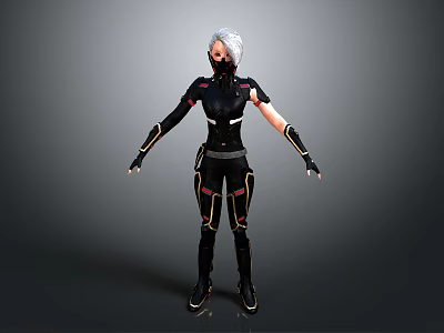 Futuristic Female Game Movie Character With Silver Hair Mask Black Combat Suit And Golden Accents 3d model