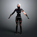 Futuristic Female Game Movie Character With Silver Hair Mask Black Combat Suit And Golden Accents