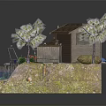 Cartoon Scenic Miniature Featuring Small Wooden House Red Boat Dock and Trees