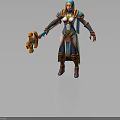 Hooded Female Warrior In Blue And Orange Armor Holding Orange Weapon With Green Gem