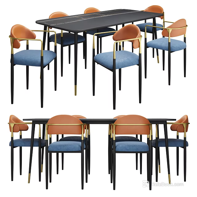 Modern Dining Table And Chairs Set With Blue Orange Seats And Gold Metal Legs 3d model 