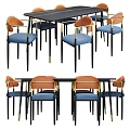 Modern Dining Table And Chairs Set With Blue Orange Seats And Gold Metal Legs