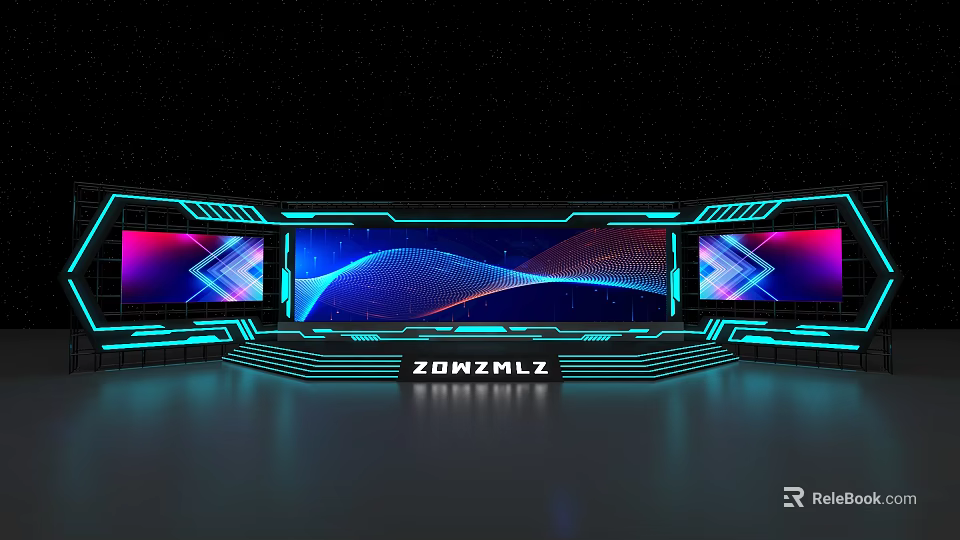 ZONZMLZ Stage with Large Screen Neon Blue Purple Wave Patterns and Futuristic Lighting 3d model 