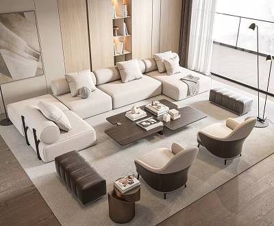 Modern Living Room Sofa Coffee Table Set With Armchairs Ottomans And Decorative Rug 3d model