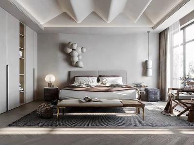 Modern Bedroom Interior Design With White Wardrobes Spherical Wall Decorations Bench And Large Windows 3d model