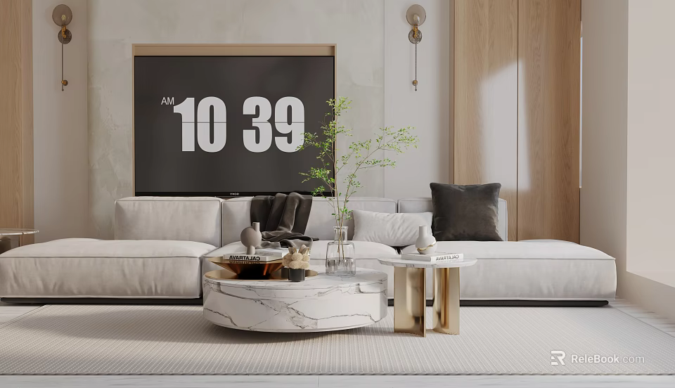Modern Three Seater Sofa With TV Wall Marble Coffee Table Throw Pillows And Decorative Plant 3d model 