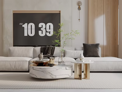 Modern Three Seater Sofa With TV Wall Marble Coffee Table Throw Pillows And Decorative Plant 3d model