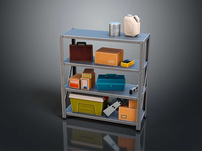 Durable Metal Storage Shelving Unit With Multicolored Boxes Containers And Tools 3d model