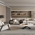 Spacious Modern Living Room With Beige Sofa Round Coffee Table Fireplace And Potted Plants