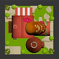Cartoon Building with Red Roof White Walls Red Bottle Structure Chicken Leg Decoration Green Lawn