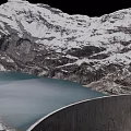 Stone And Wood Dam Structure In Snowy Mountain Landscape With Calm Blue Lake