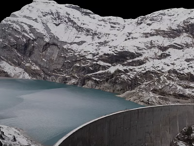 Stone And Wood Dam Structure In Snowy Mountain Landscape With Calm Blue Lake 3d model