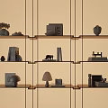 Modern Decorative Ornaments and Figurines Set on Glass Shelf with Sculptures Books and Lamps